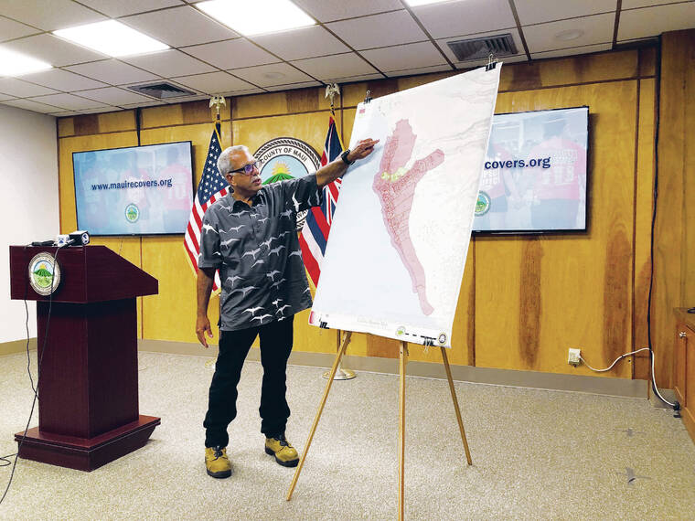 CHRISTIE WILSON / 2023
                                Maui Emergency Management Agency Interim Administrator Darryl Oliveira 
discusses plans to allow residents and business owners reentry into restricted
Lahaina wildfire disaster areas during a news conference in September 2023.