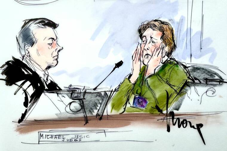 REUTERS/MONA EDWARDS
                                Teresita Baralt, the older sister of victim Jose Menendez, speaks before Superior Court Judge Michael Jesic during a hearing over the possible release of Lyle and Erik Menendez after 35 years in prison for the shotgun murder of their parents, in a courtroom sketch in Los Angeles, Calif., today.