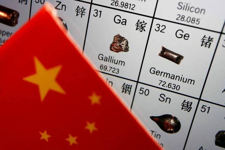 REUTERS/FLORENCE LO/ILLUSTRATION/FILE PHOTO
                                The flag of China is placed next to the elements of Gallium and Germanium on a periodic table, in this illustration picture taken in July 2023.