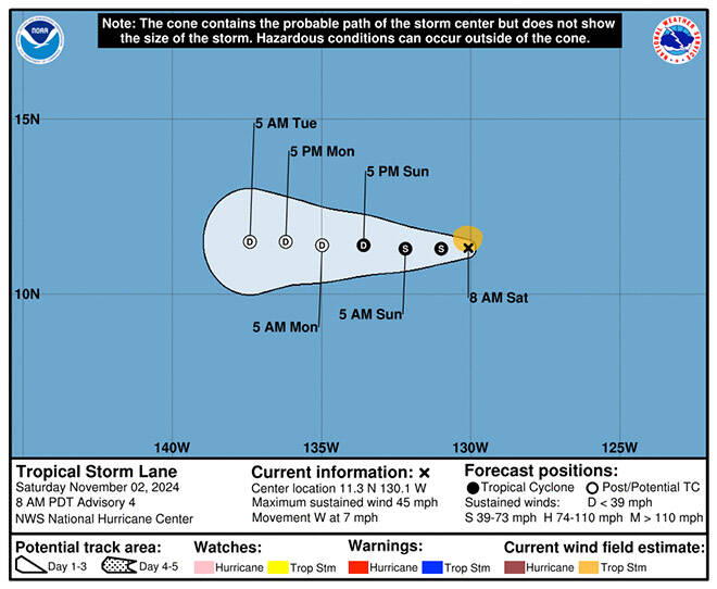 COURTESY NOAA
                                This map shows the forecast track for Tropical Storm Lane in the East Pacific as of this morning.