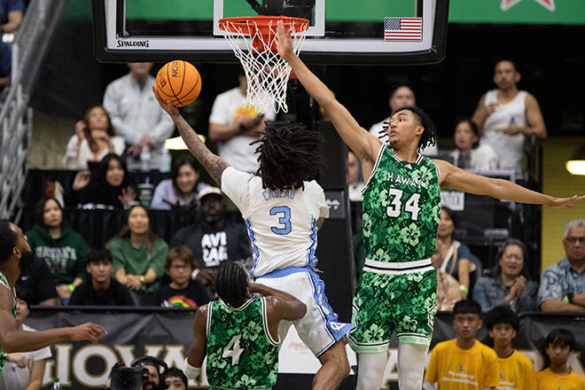 GEORGE F. LEE / GLEE@STARADVERTISER.COM
                                Hawaii Rainbow Warriors Akira Jacobs tries to block a shot by North Carolina Tar Heels Elliot Cadeau during an NCAA Men’s basketball game on Friday at the SimpliFi Arena, Stan Sheriff Center.