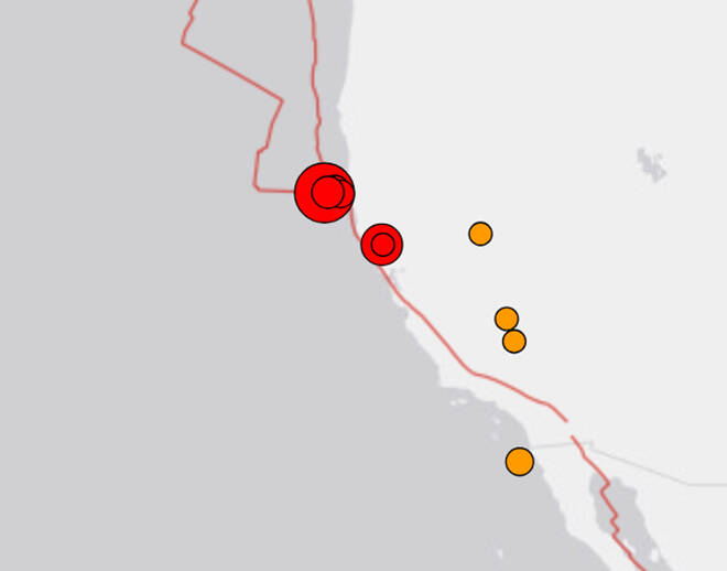 COURTESY USGS
                                This map shows the location of a magnitude 7.0 earthquake and several aftershocks this morning off the coast of Northern California.