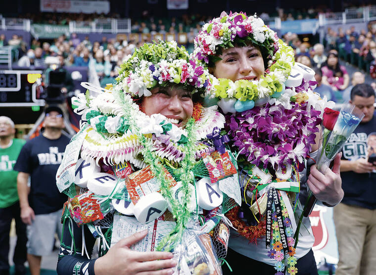 JAMM AQUINO / JAQUINO@STARADVERTISER.COM
                                Hawaii seniors Tayli Ikenaga, left, and Kate Lang, who were honored on senior night on Nov. 16, earned Big West Player of the Year honors today.