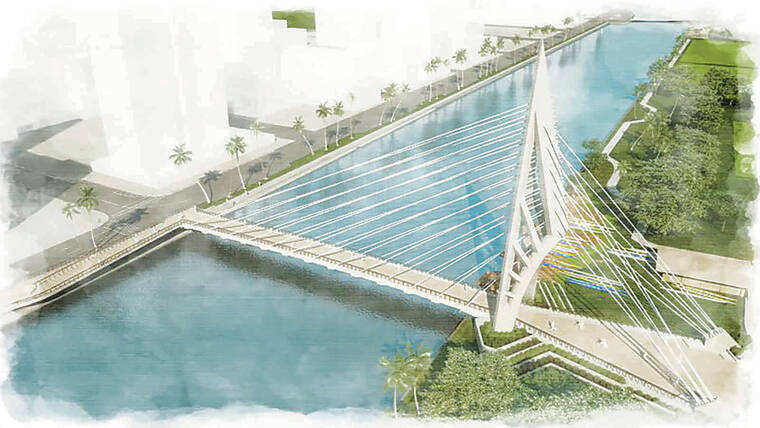 CITY AND COUNTY OF HONOLULU / 2021
                                An artist’s rendering depicts the proposed pedestrian bridge over the Ala Wai Canal.